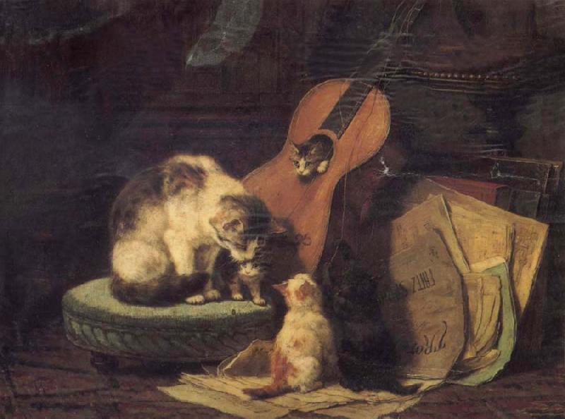 Henriette Ronner Cat,book and fiddle Sweden oil painting art
